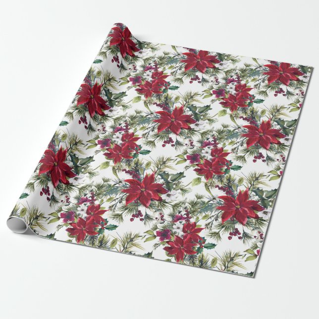 Elegant Watercolor Poinsettia Pattern Holiday Wrapping Paper (Unrolled)