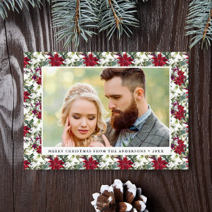 Elegant Watercolor Poinsettia Pattern Photo Holiday Card