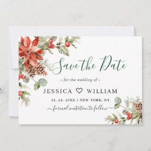 Elegant Watercolor Poinsettia Pine Branch Wedding Save The Date