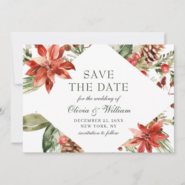 Elegant Watercolor Poinsettia Pine Branch Wedding Save The Date (Front)