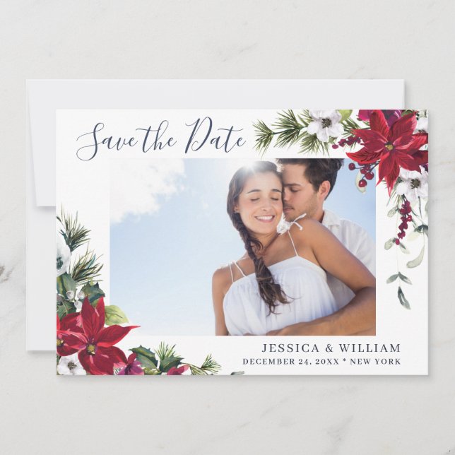 Elegant Watercolor Poinsettia Pine PHOTO Wedding Save The Date (Front)