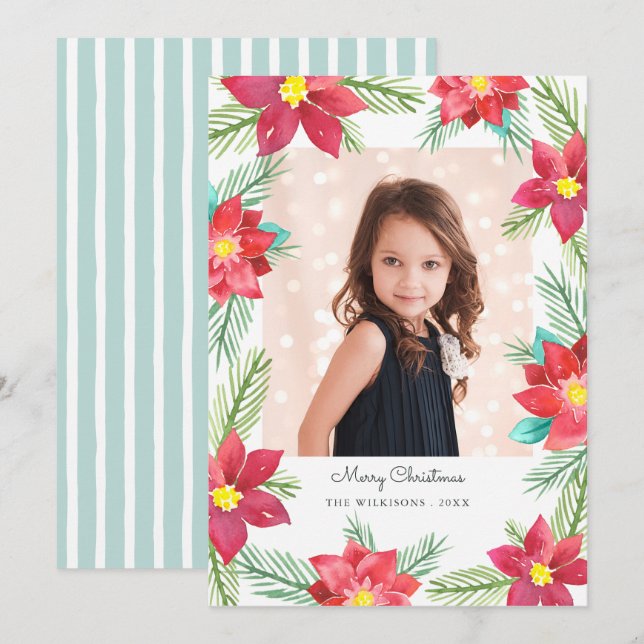 Elegant Watercolor Poinsettias Christmas Photo Holiday Card (Front/Back)