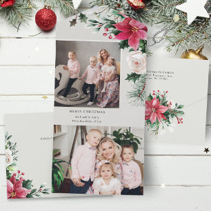 Elegant Watercolor Poinsettias, Roses & Pine Photo All In One Invitation
