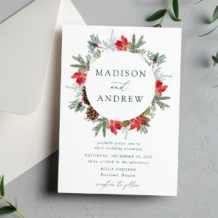Elegant Watercolor Poinsettias Winter Wedding Invitation