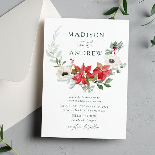 Elegant Watercolor Poinsettias Winter Wedding Invitation