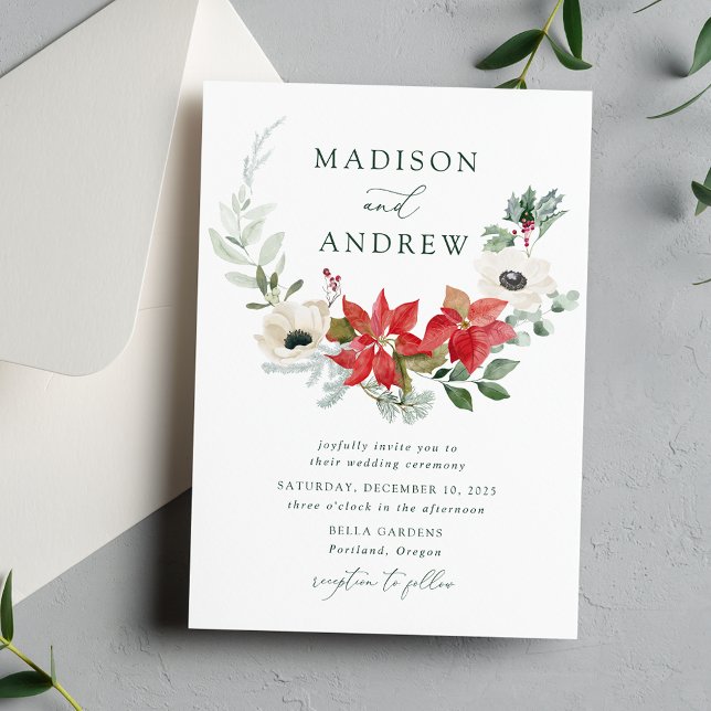 Elegant Watercolor Poinsettias Winter Wedding Invitation (Creator Uploaded)