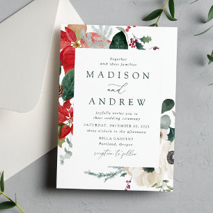 Elegant Watercolor Poinsettias Winter Wedding Invitation