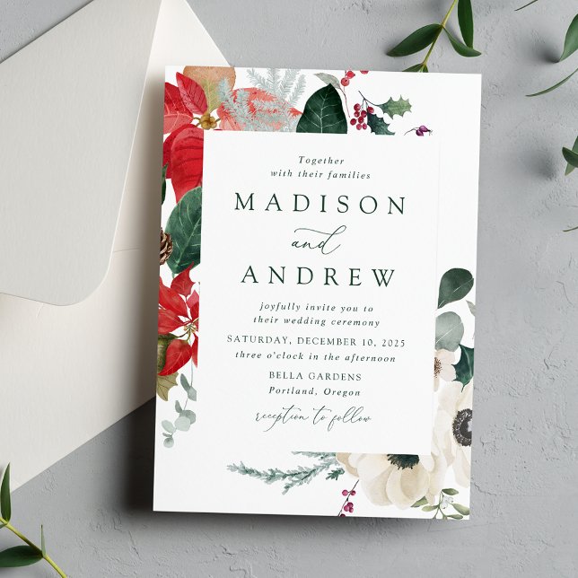 Elegant Watercolor Poinsettias Winter Wedding Invitation (Creator Uploaded)