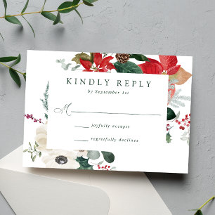 Elegant Watercolor Poinsettias Winter Wedding RSVP Card