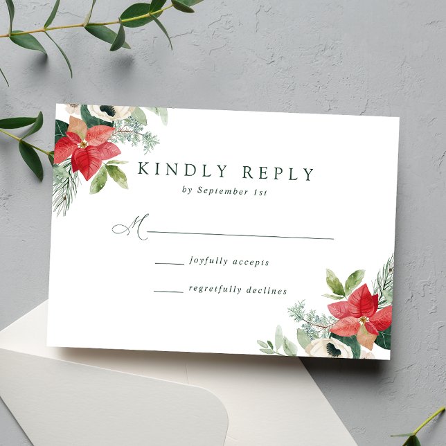 Elegant Watercolor Poinsettias Winter Wedding RSVP Card (Creator Uploaded)