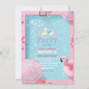 Elegant Watercolor Pool Party 3rd Birthday Girl Invitation