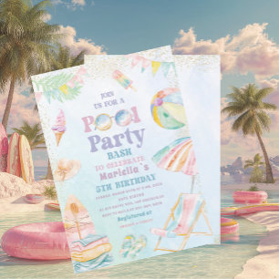 Elegant  Watercolor Pool Party  5th Birthday  Girl Invitation