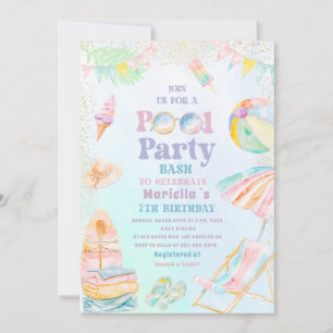 Elegant  Watercolor Pool Party  7th Birthday  Girl Invitation
