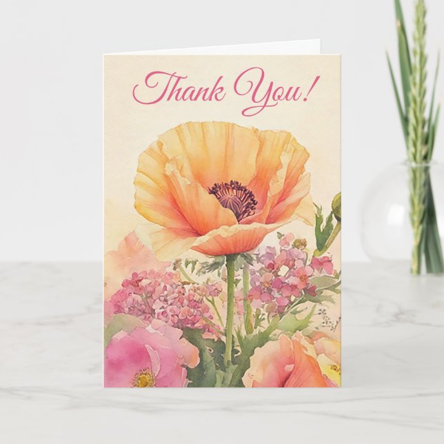Elegant Watercolor poppies Thank You Card (Front)