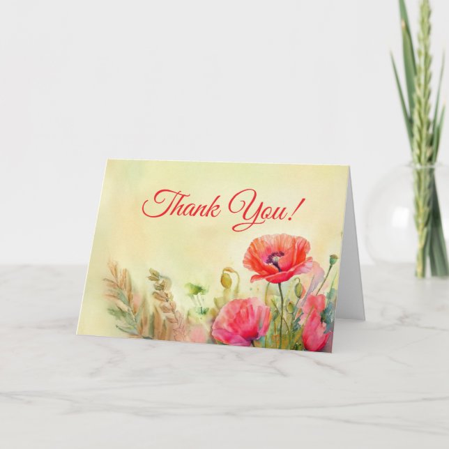 Elegant Watercolor poppies Thank You Card (Front)