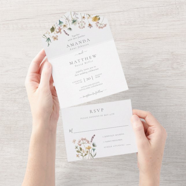 Elegant Watercolor Pressed Flowers Wedding All In One Invitation (Tearaway)