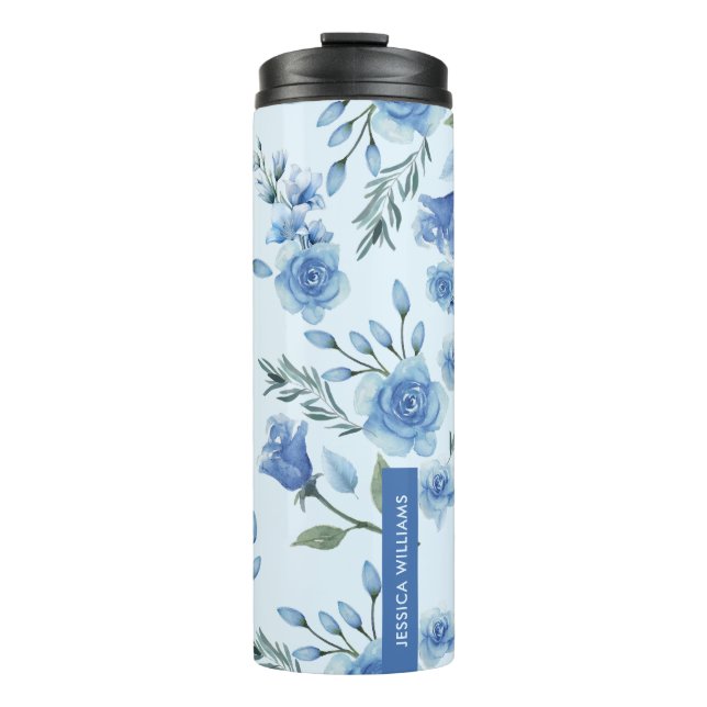 Elegant Watercolor Pretty Blue Floral Monogram Thermal Tumbler (Front)