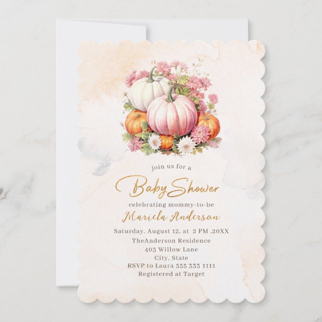Elegant Watercolor Pumpkin Baby Shower Invitation (Front)