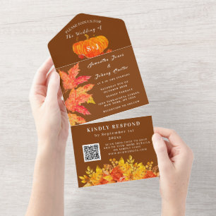 Elegant Watercolor Pumpkin Fall Wedding RSVP All In One Invitation