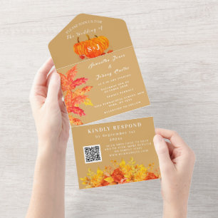 Elegant Watercolor Pumpkin Floral Wedding RSVP All In One Invitation