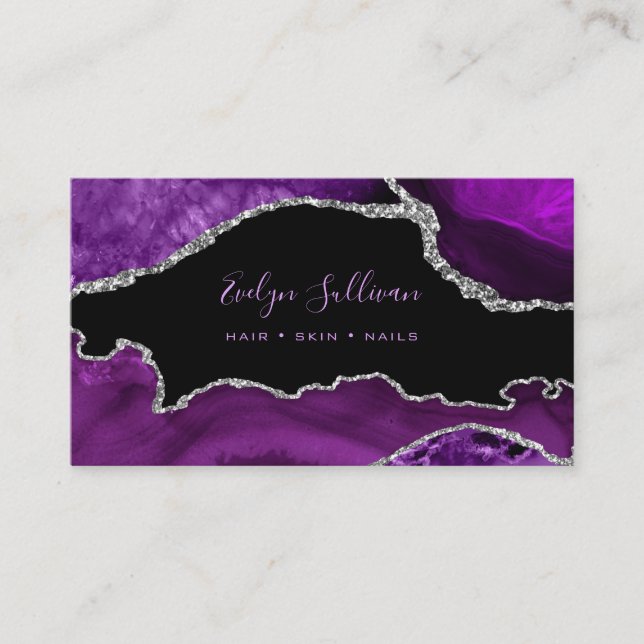 elegant watercolor purple agate on black  business card (Front)