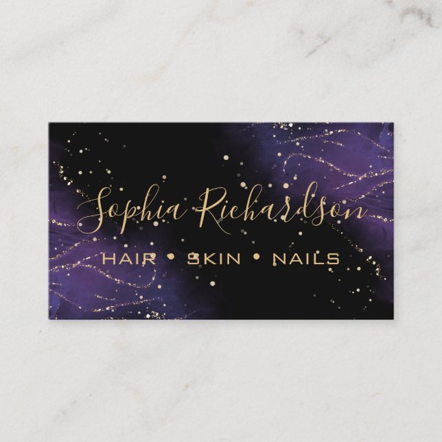 elegant watercolor purple and gold agate business card (Front)