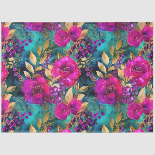Elegant Watercolor Purple and Teal Flowers Pattern Tissue Paper (Front)