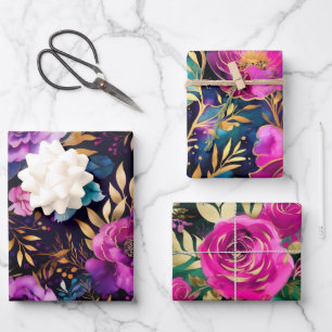 Elegant Watercolor Purple and Teal Flowers Pattern Wrapping Paper Sheet