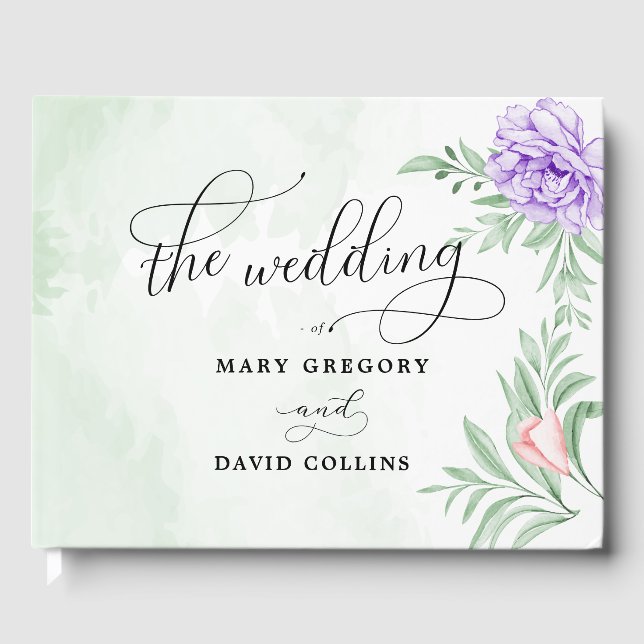 Elegant Watercolor Purple Blooms Bouquet Wedding Guest Book (Front)