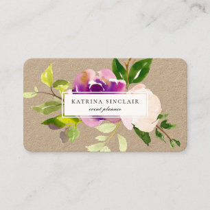 Elegant Watercolor Purple Cassis Floral Kraft Business Card