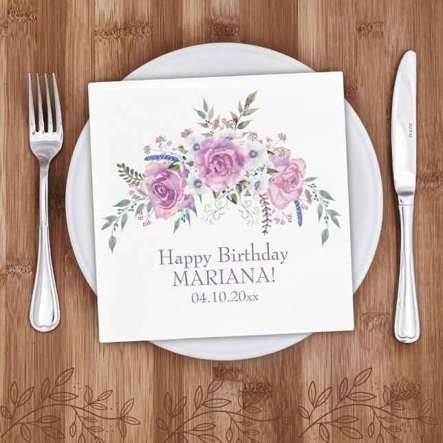Elegant Watercolor Purple Floral Birthday Party Napkin (Creator Uploaded)