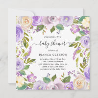 Elegant Watercolor Purple Floral Girl Baby Shower
