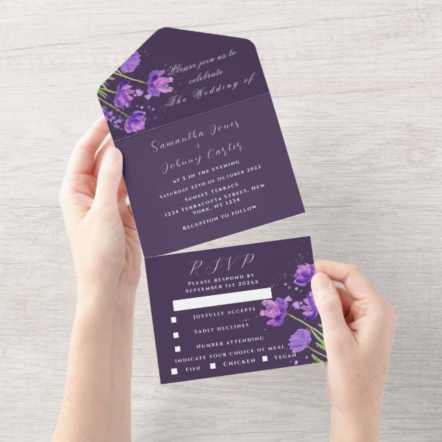 Elegant Watercolor Purple Floral Lilac Wedding All In One Invitation (Tearaway)