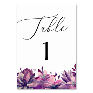 Elegant watercolor purple floral script wedding table number