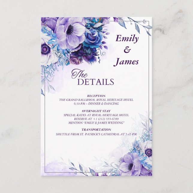 Elegant Watercolor Purple Floral Wedding Details  Enclosure Card (Front)