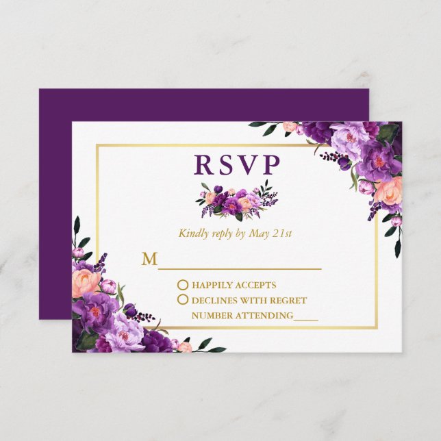 Elegant Watercolor Purple Floral Wedding Gold RSVP Card (Front/Back)