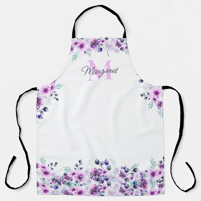 Elegant Watercolor Purple Floral with Monogram Apron (Front)