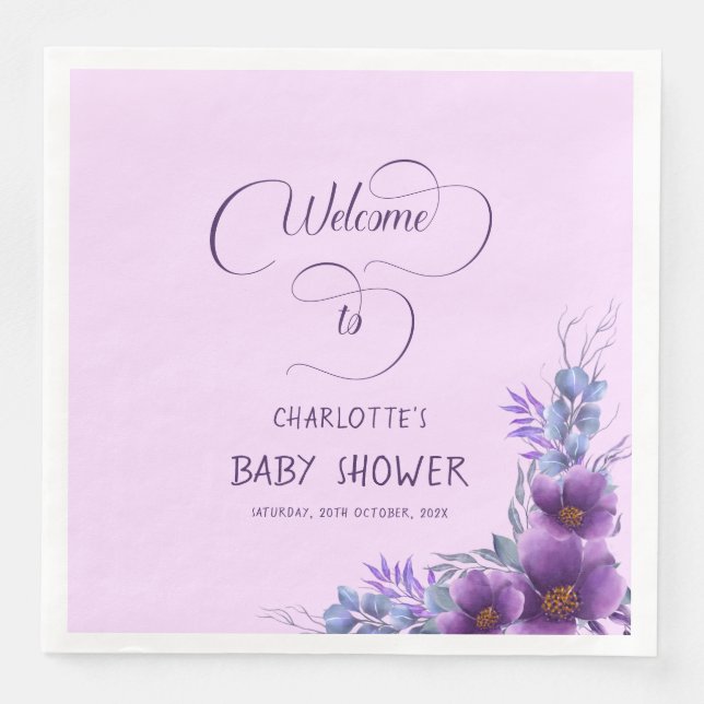 Elegant Watercolor Purple Flower Baby Shower Napkin (Front)
