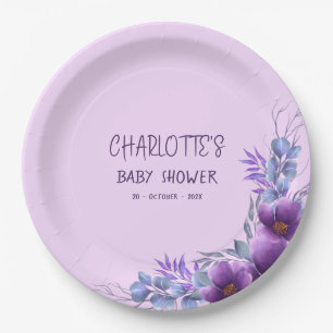 Elegant Watercolor Purple Flower Baby Shower Paper Plate