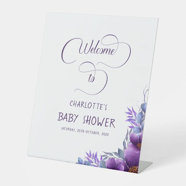 Elegant Watercolor Purple Flower Baby Shower Pedestal Sign (Front)