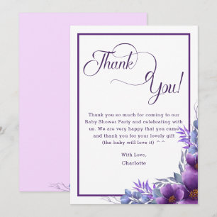 Elegant Watercolor Purple Flower Baby Shower Thank You Card