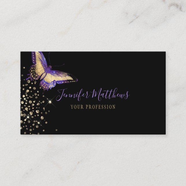 Elegant Watercolor Purple & Gold Glitter Butterfly Business Card (Front)