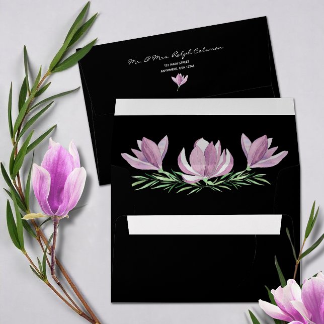 Elegant Watercolor Purple Magnolias Black Envelope (Elegant watercolor purple magnolias on black envelopes with FREE return address on the back flap)