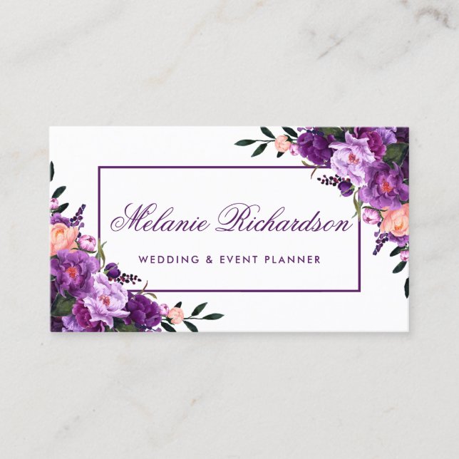 Elegant Watercolor Purple Ultra Violet Floral Business Card (Front)