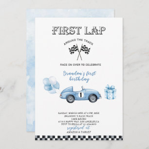 Elegant  Watercolor Race Car first  Birthday Party Invitation