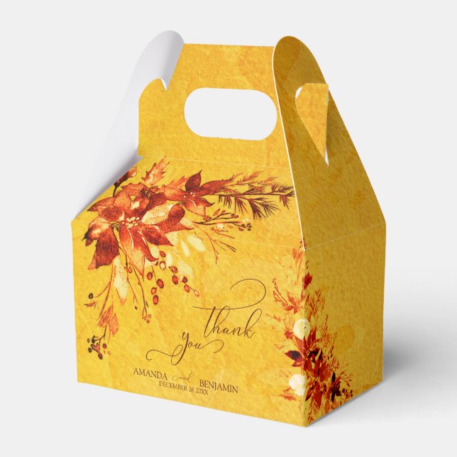Elegant Watercolor Red and Gold Poinsettia Wedding Favour Box (Front Side)