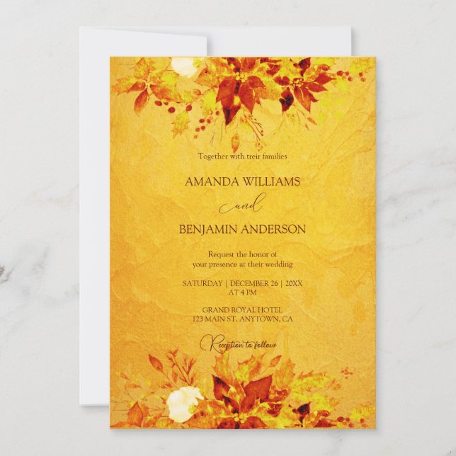Elegant Watercolor Red and Gold Poinsettia Wedding Invitation (Front)