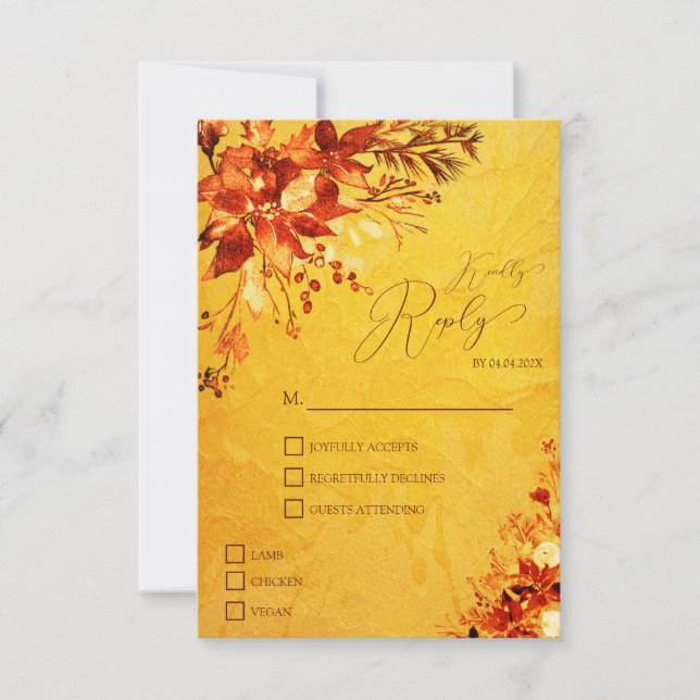 Elegant Watercolor Red and Gold Poinsettia Wedding RSVP Card (Front)