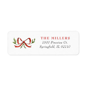 Elegant Watercolor Red Bow Christmas Return Address Label
