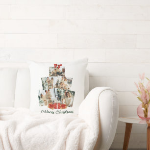Elegant Watercolor Red Bow Family Christmas Tree Cushion